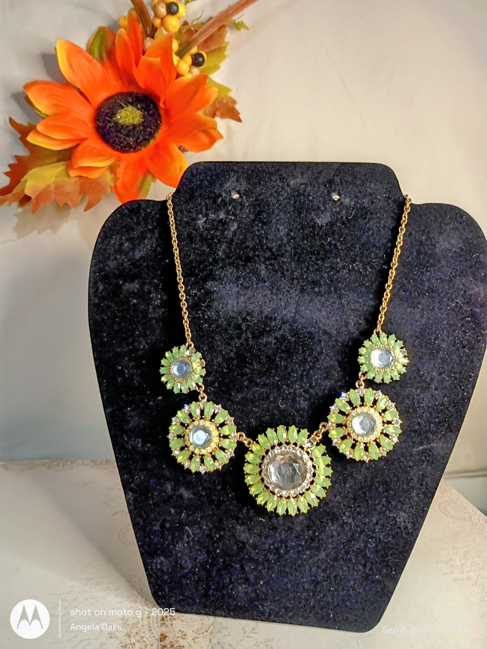 Gold-Tone Green Crystal Floral Statement Necklace